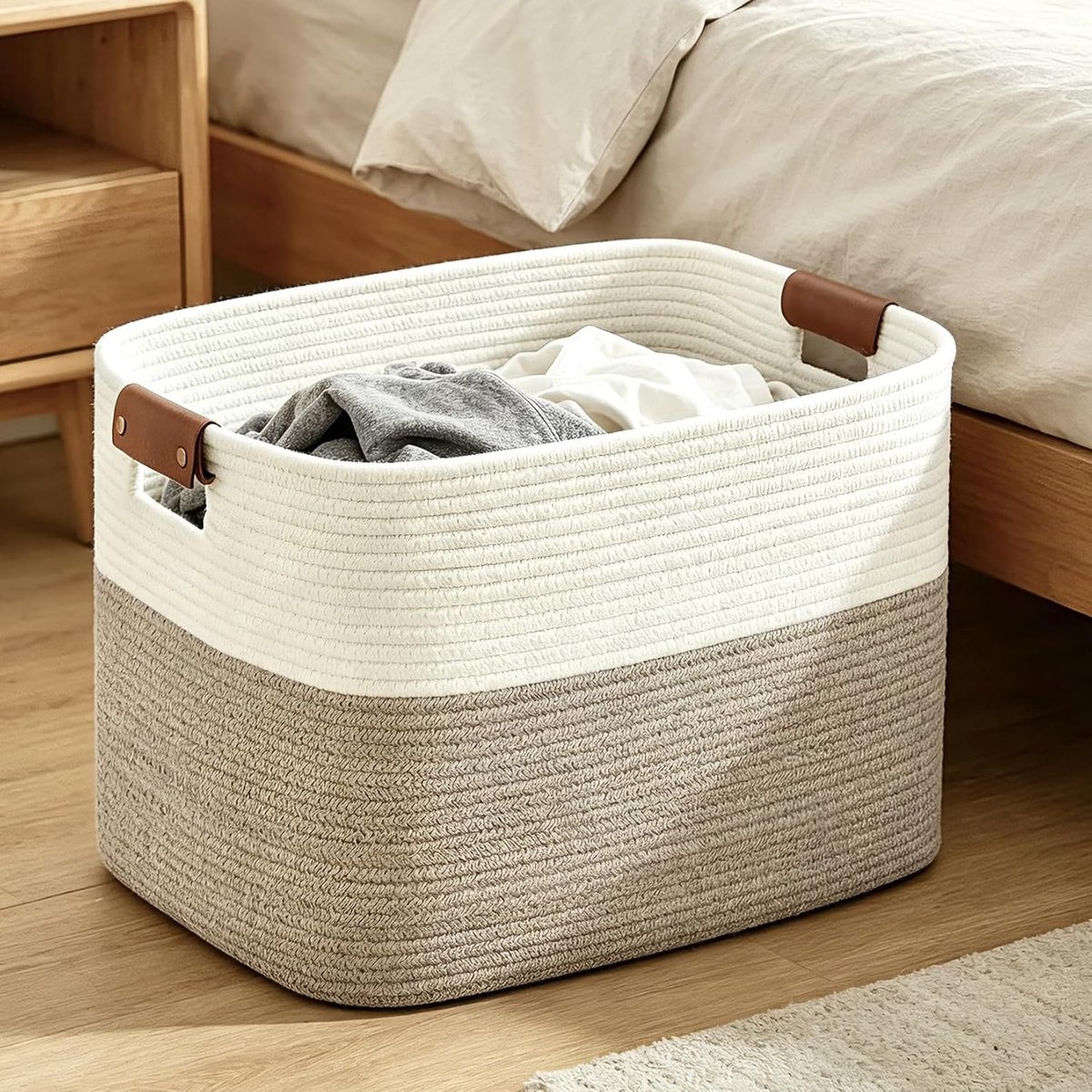 Grote wasmand slaapkamer opbergmand 60 l stapelbare geweven mand decoratieve geschenkmand voor woonkamer manden kinderkamer touw opbergmanden voor dekens kleding kinderen speelgoed 53 x 38 x 29