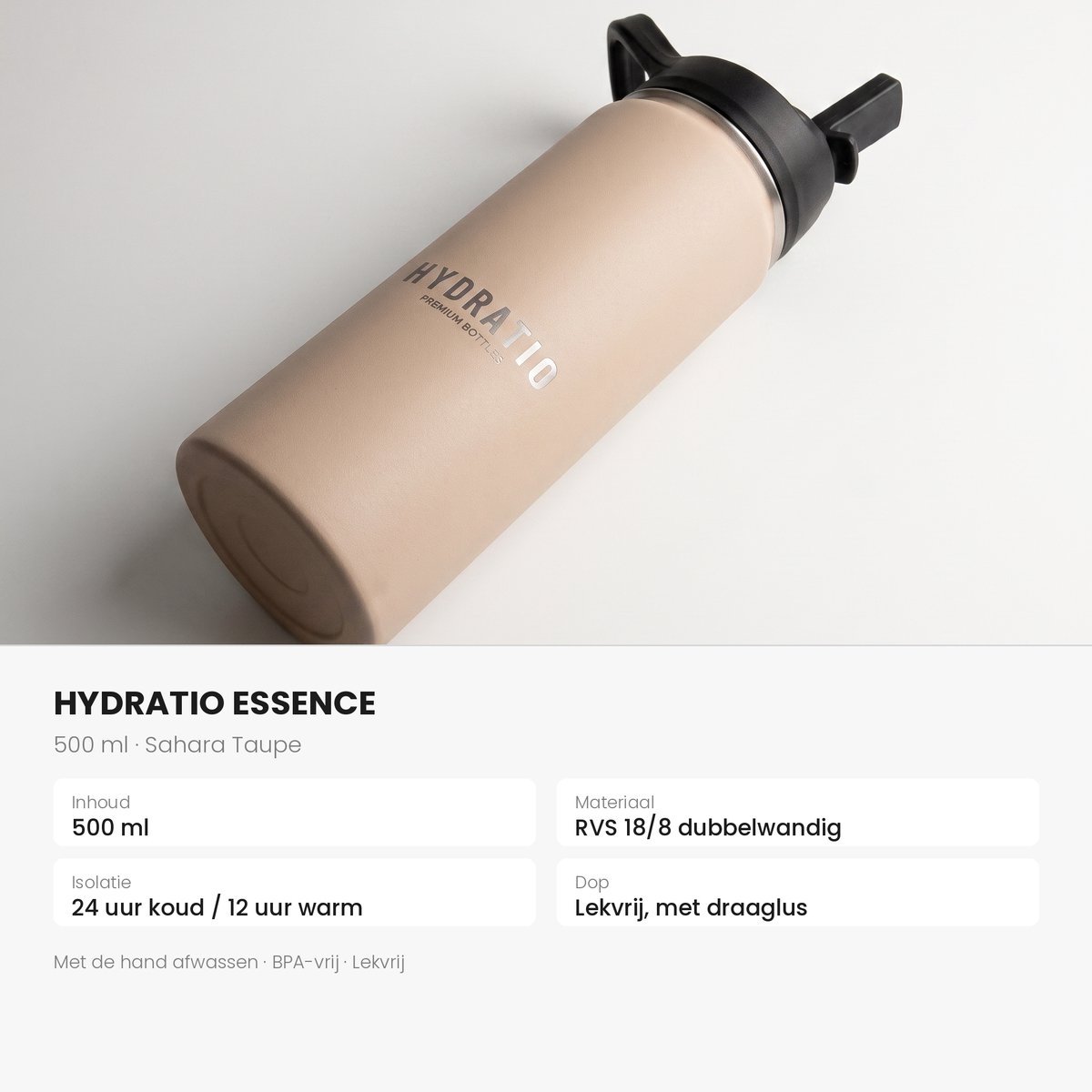 Hydratio Essence Thermosfles 500 ML Beige – Drinkfles 0,5 Liter RVS Dubbelwandig – Waterfles Lekvrij & BPA-Vrij – Isoleerfles 24 Uur Koud 12 Uur Warm – Thermosbeker Travel Mug Koffie Thee – Sport School Werk Cadeau – Sahara Taupe thumbnail 4
