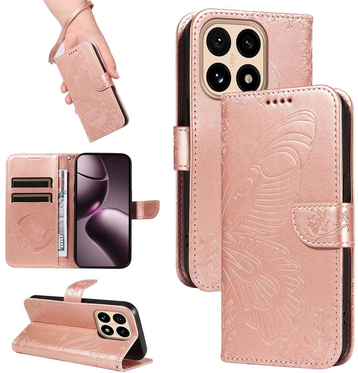 Mobigear Telefoonhoesje geschikt voor Xiaomi 15T Hoesje | Mobigear Butterfly Bookcase Portemonnee | Pasjeshouder voor 2 Pasjes | Telefoonhoesje voor Pinpas / OV Kaart / Rijbewijs - Roségoud
