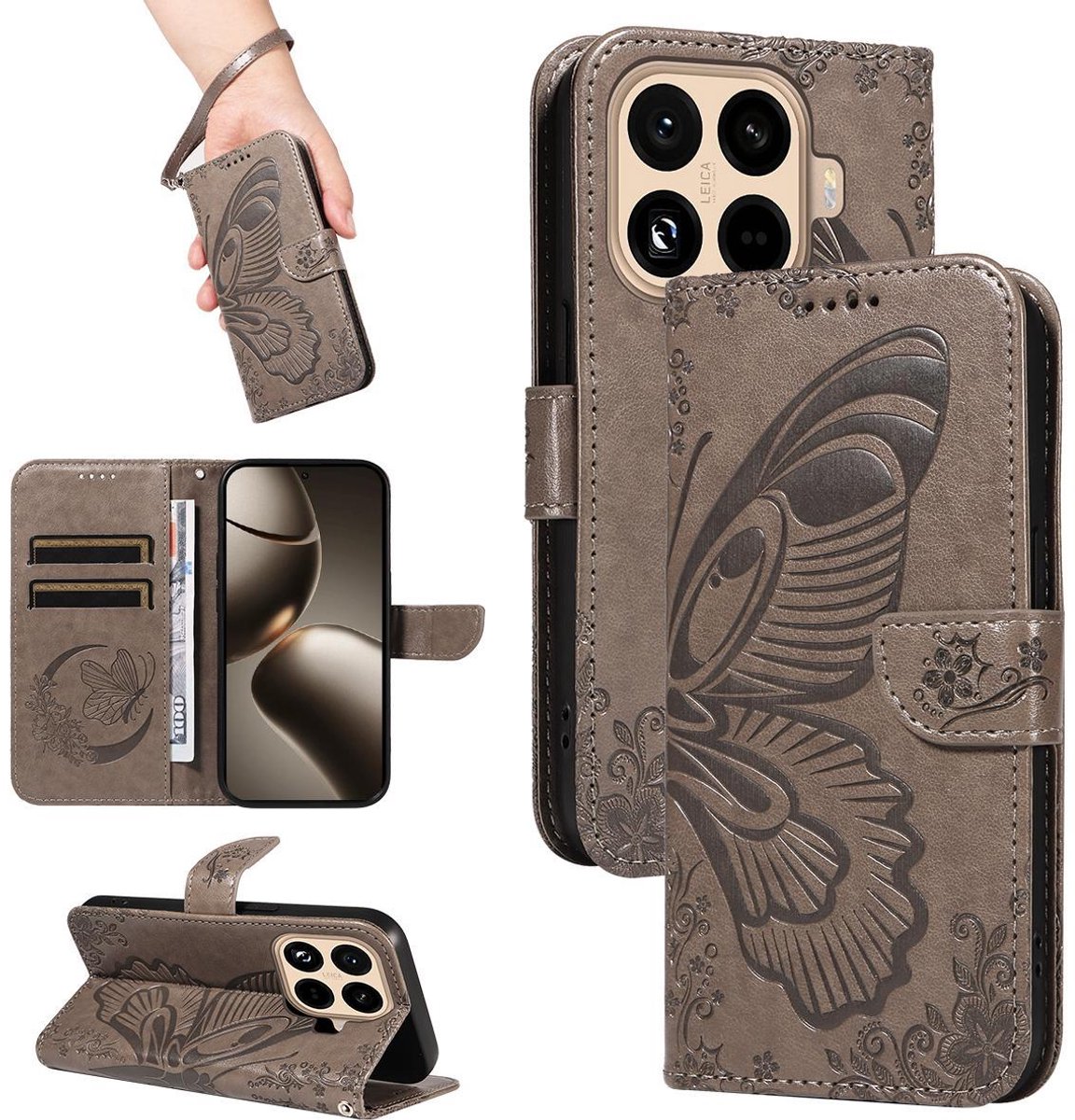 Mobigear Telefoonhoesje geschikt voor Xiaomi 15T Pro Hoesje | Mobigear Butterfly Bookcase Portemonnee | Pasjeshouder voor 2 Pasjes | Telefoonhoesje voor Pinpas / OV Kaart / Rijbewijs - Grijs