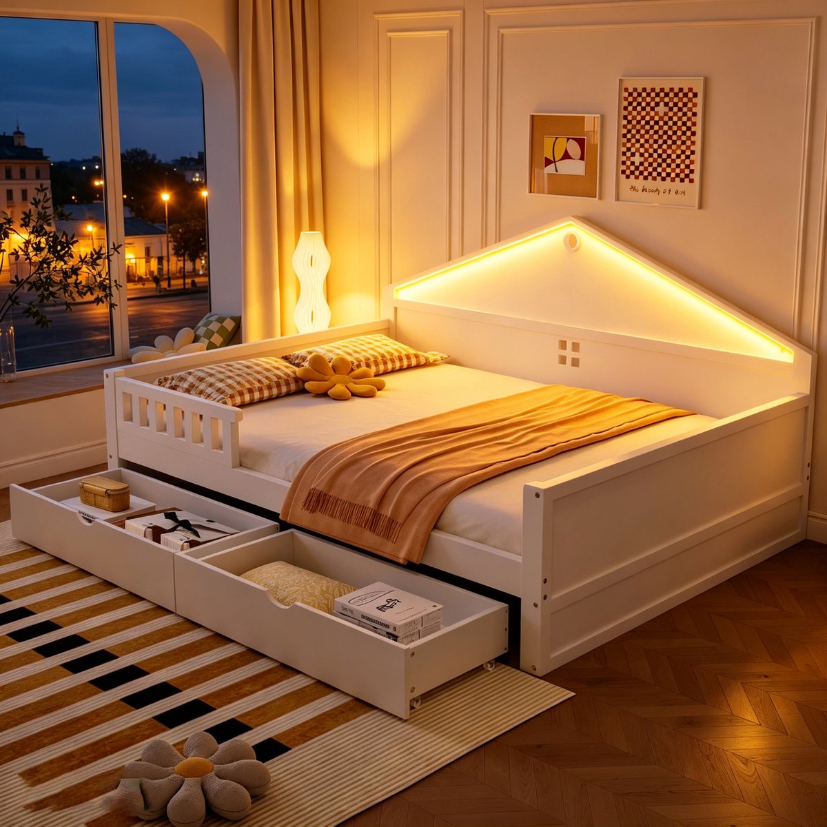Kinderbed 140x200 cm - met verlichting - lade - lattenbodem - eenpersoonsbed - tienerbed - wit - zonder matras