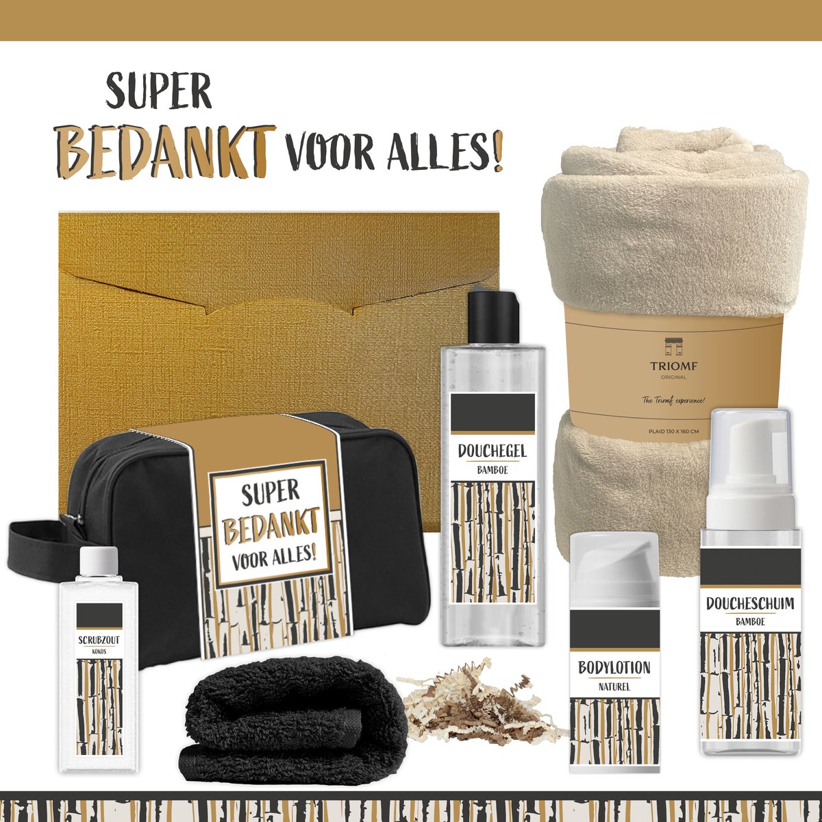 Geschenkset “Super bedankt voor alles!” - 7 producten - 1390 gram | Giftset voor hem Vader Papa Cadeau Luxe Wellness Pakket Man Speciaal Cadeaupakket Doos Handdoeken Fleecedeken Geschenk Cadeaudoos Verjaardag Vaderdag Gift Set Douche Beige Goud