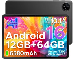 DOOGEE TAB A9 - Tablet - Android 16 - 12GB RAM + 64GB ROM(2TB/TF) - 10 Inch - 6580 mAh - 5G WiFi - Tablet Unisoc T310 - Dubbele Luidspreker - 3,5 mm aansluiting - Face ID - Zwart