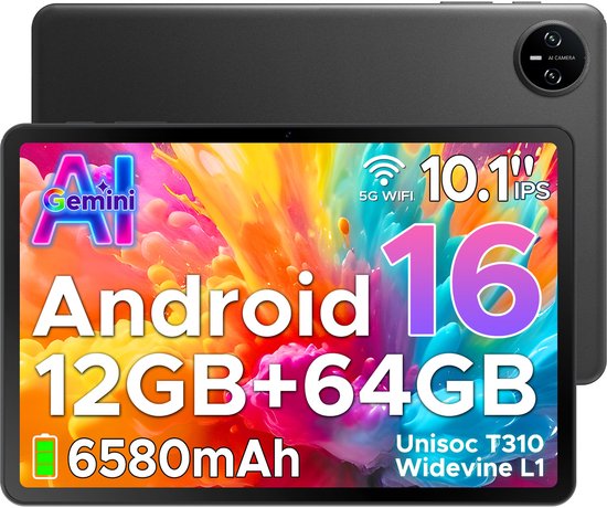 Een zwarte tablet met een scherm dat Android 16, 12GB+64GB, 6580mAh, 5G WiFi en Unisoc T310 weergeeft.