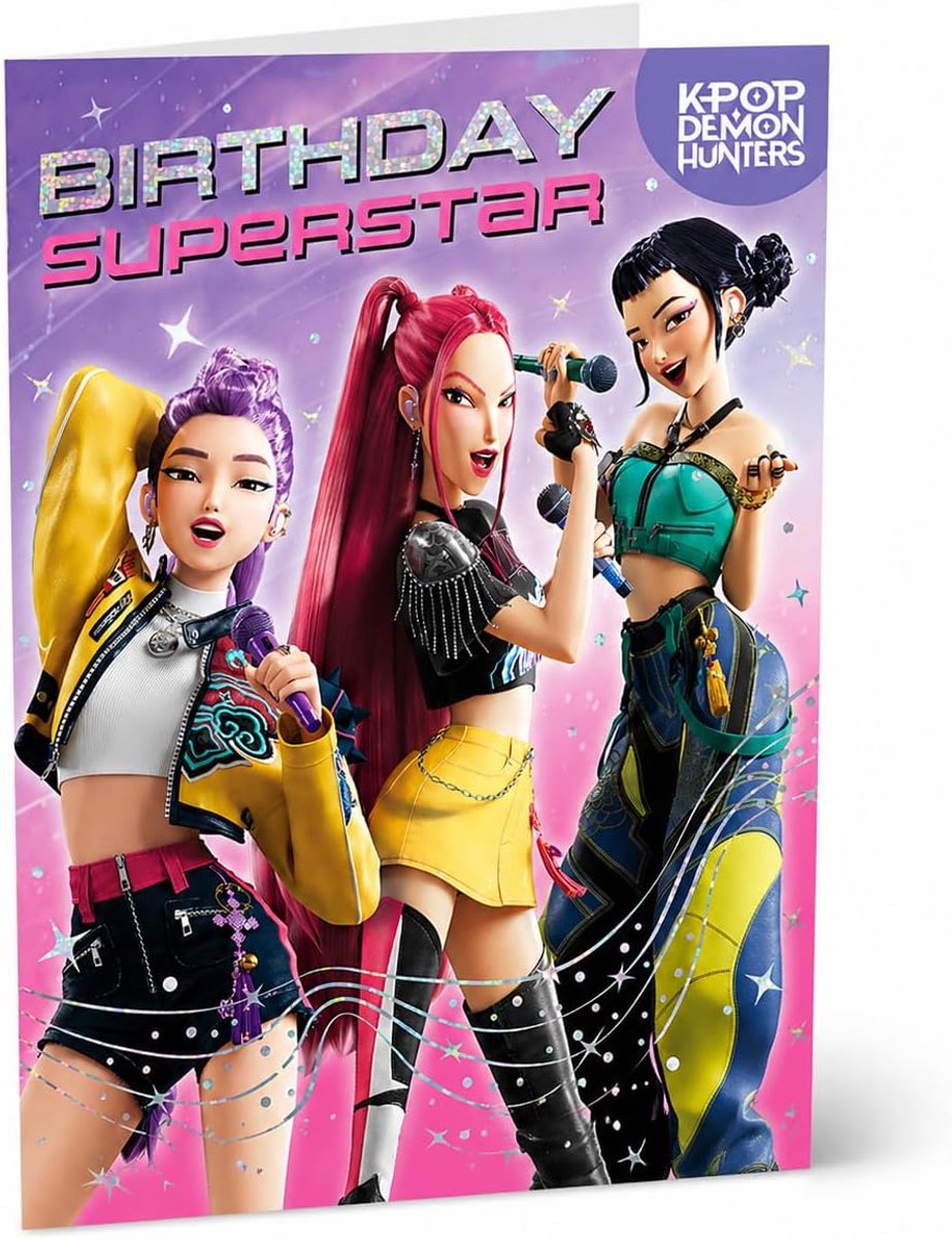 Verjaardagskaart KPOP Demon Hunters - kleurrijk muziekthema - voor meisjes - trendy design - ShopVlot