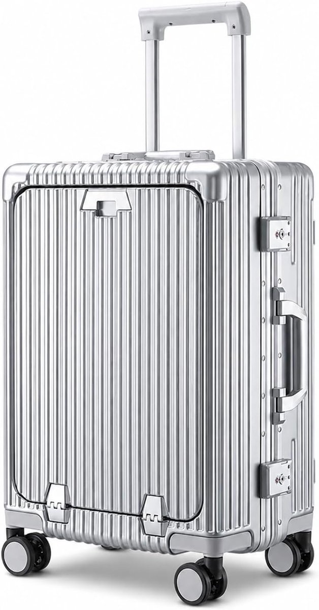 Handbagagekoffer, Lichtgewicht Koffer 20 Inch, Handbagage Koffer met Aluminium Frame en PC Hard Schaal, Dubbel TSA-slot, Reiskoffer Bagage Trolleykoffer met 4 Wielen, Bekerhouder, Zilver