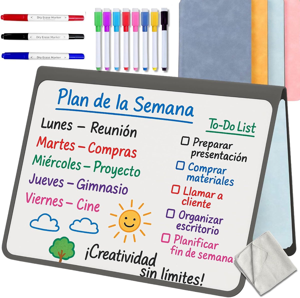Klein wit bord, opvouwbaar, afwasbaar en draagbaar, magnetisch whiteboard, 2 x A5 + 11 markers + reinigingsdoek, schrijfblok, kantooraccessoires, studie, blauw