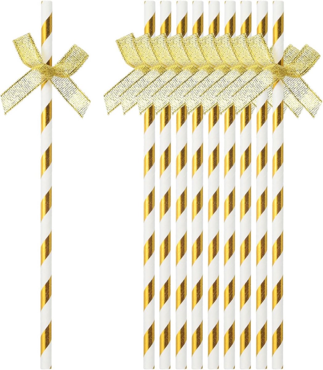 40 stuks lint strepen papieren rietjes, rietjes taartdecoratie voor bruiloft verjaardagsfeestbenodigdheden, goud