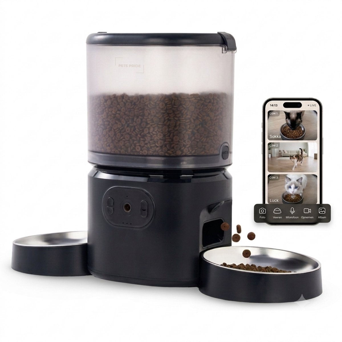 Pets Pride Automatische Voerbak Kat en Hond – Voerautomaat Kat met Full HD Camera – Voor 2 Katten – Dubbele RVS Voerbak – Night Vision – Voerdispenser – 5L – Zwart
