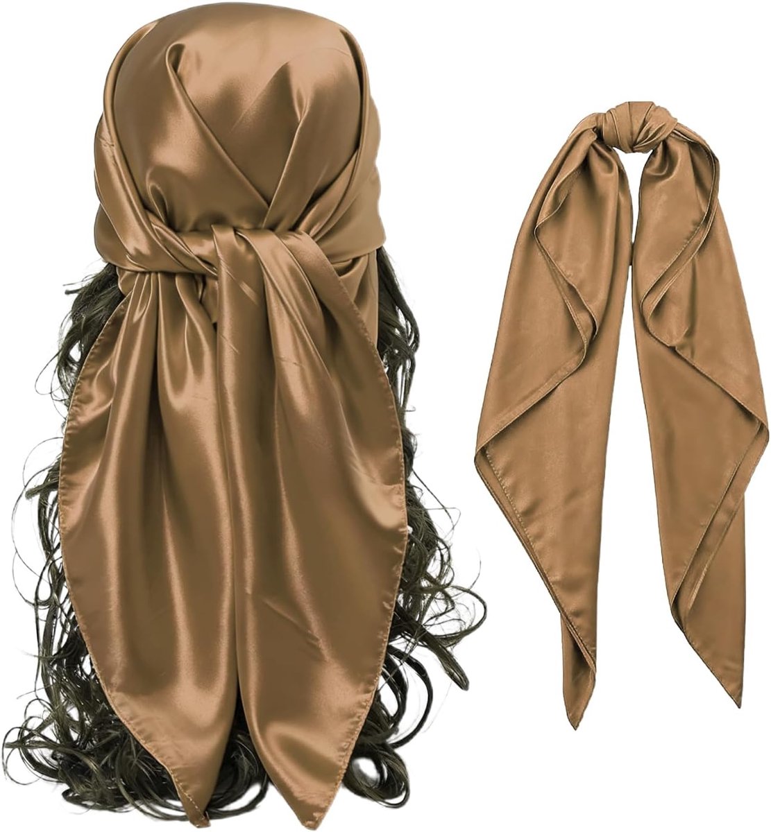 vierkante satijnen bandana's voor dames, koffiekleurige sjaals, zijden sjaals om het haar mee in te wikkelen en om 's nachts mee te slapen.