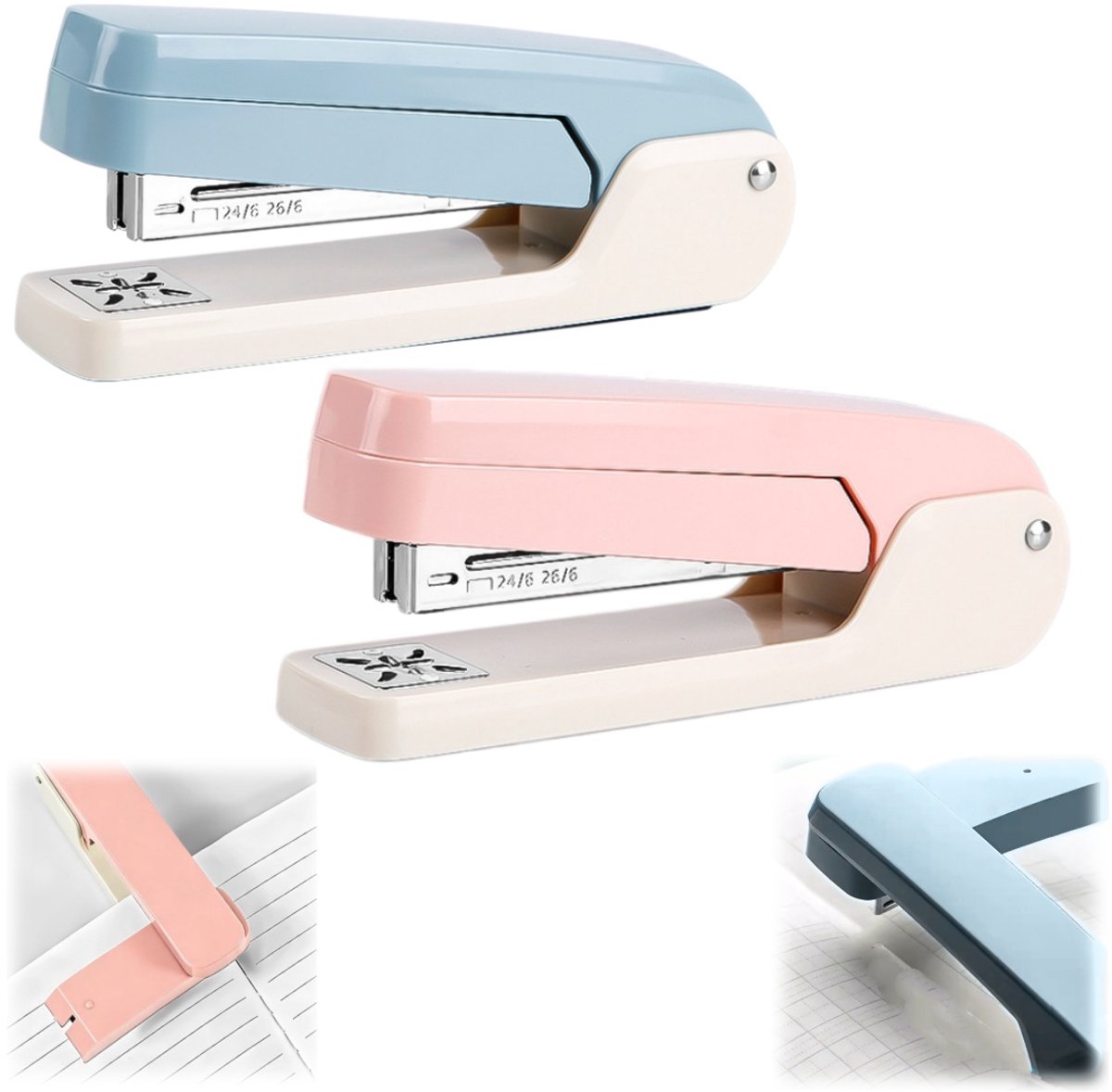 2 stuks Nietmachines - Bestandennietmachine - Handmatige bindmiddelen - 360° rotatie - Kan 25 pagina's papier binden - Antislipbasis - Voor documenten, testpapieren, papieren, foto's, notities, boeken (15*4*6,5 cm - Blauw, roze)
