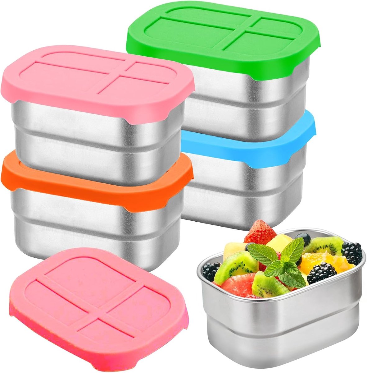 Snackbox, 4 stuks, roestvrij staal, 230 ml, lekvrije maaltijdprepdozen van roestvrij staal, met siliconen deksel, BPA-vrij, kleine vershouddozen met deksel voor snacks, dips, salade