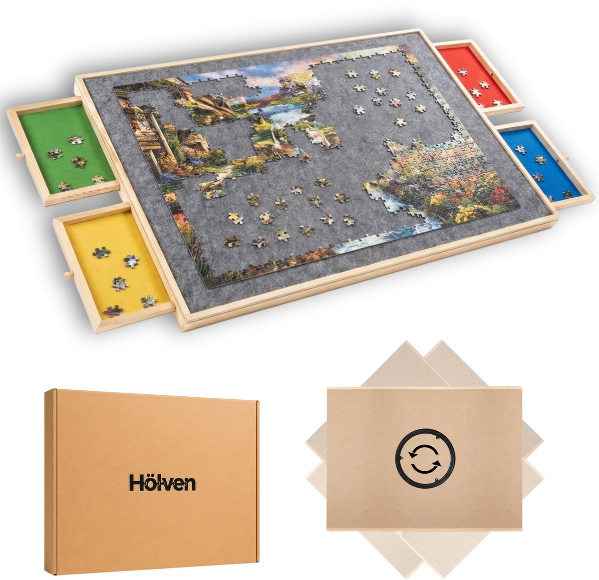 Hölven® Puzzelbord met Lades 1000 Stukjes - Draaibaar - Puzzelplaat - Puzzelplank - Puzzeltafel met opbergsysteem - Puzzelkoffer - Puzzelmat - Hout