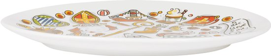 Blanc, plat ovale avec une illustration de diverses icônes de Saint-Nicolas dans des couleurs vives.