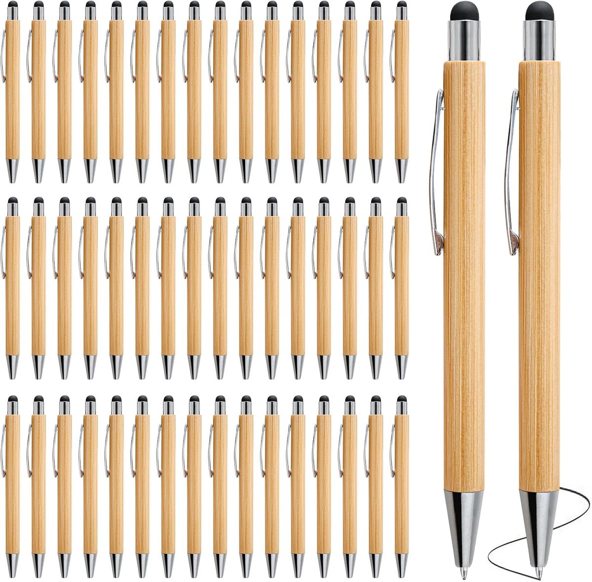 50 stuks balpen met touchpen, balpenset, bamboe balpen, drukbalpen, touch-intrekbare balpen voor universeel touchscreen-apparaten voor kantoor, huishouden
