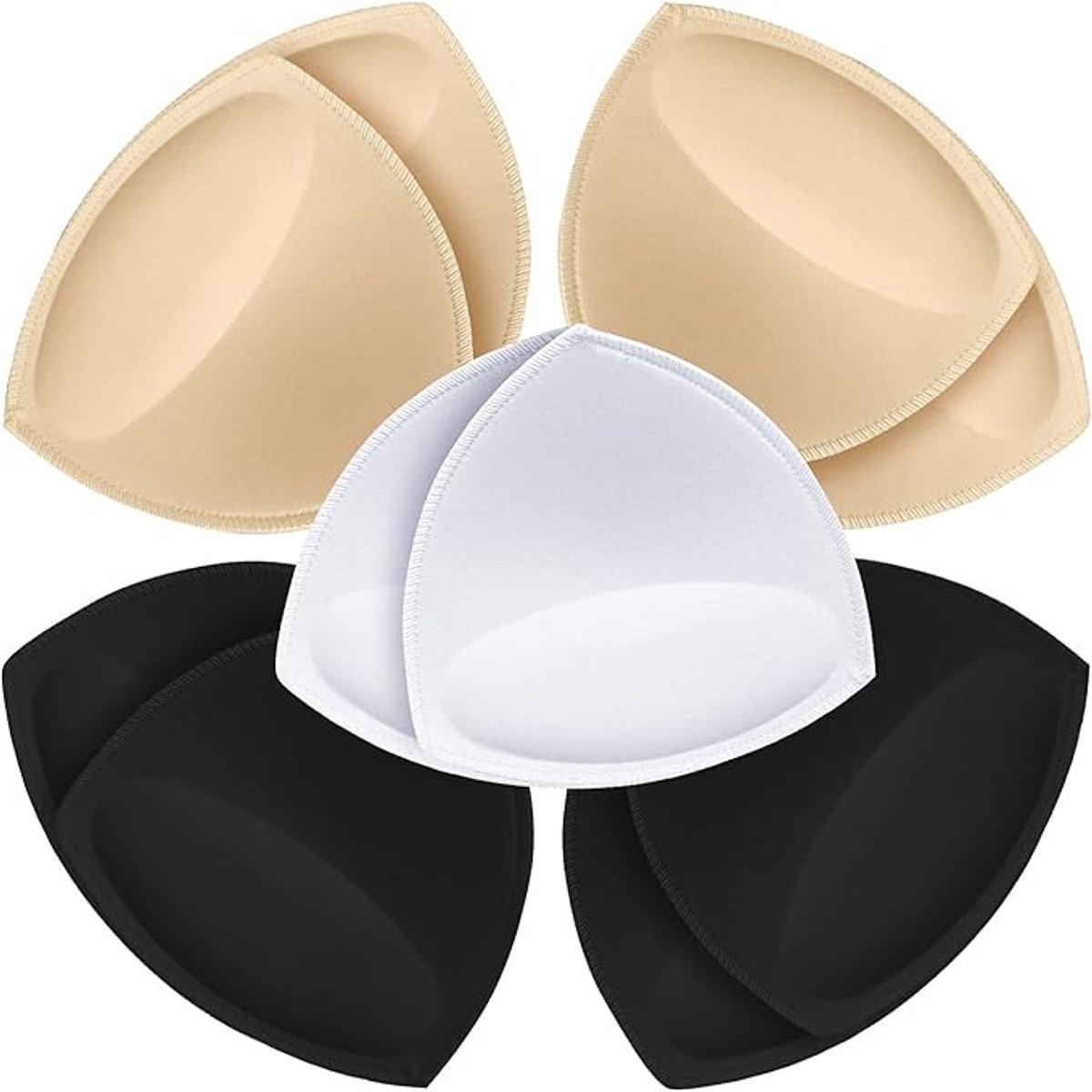 5 Paar Driehoekige Bh-Pads - Maat M - Uitneembare Push-Up Inzetstukken - Extra Dikke Vervangende Cups - Voor Sport-Bh, Bikini & Badpak - Zacht & Comfortabel - Wasbaar - Zwart, Beige & Wit