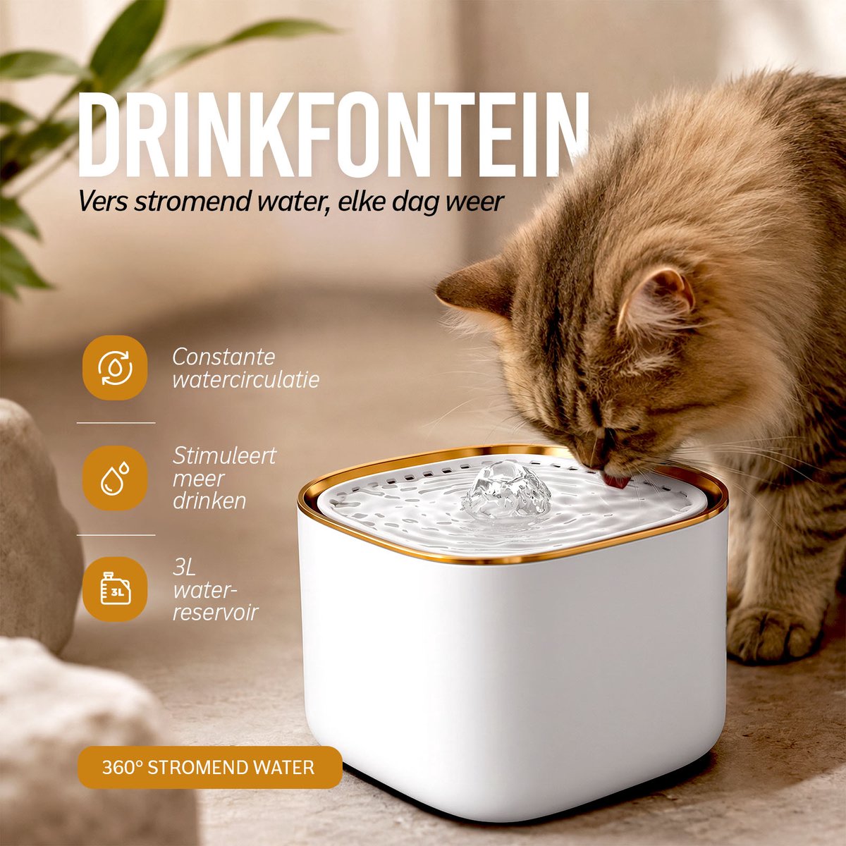 ZoeZo Drinkfontein Kat en Hond - Waterfontein - Kattenfontein - Waterdispenser - Waterbak - Automatisch - Met Filter - 3L - Fluisterstil - Wit en Goud thumbnail 5