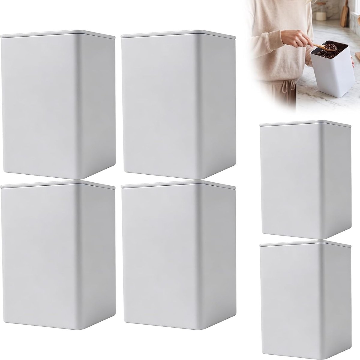 6 stuks thee- en koffiesuikerbussen set witte thee koffie suiker potten met deksels, vierkante metalen voorraadpotten en blikjes voor keuken thee koffie suikers caddy container blikken (8,5 x 8,5 x