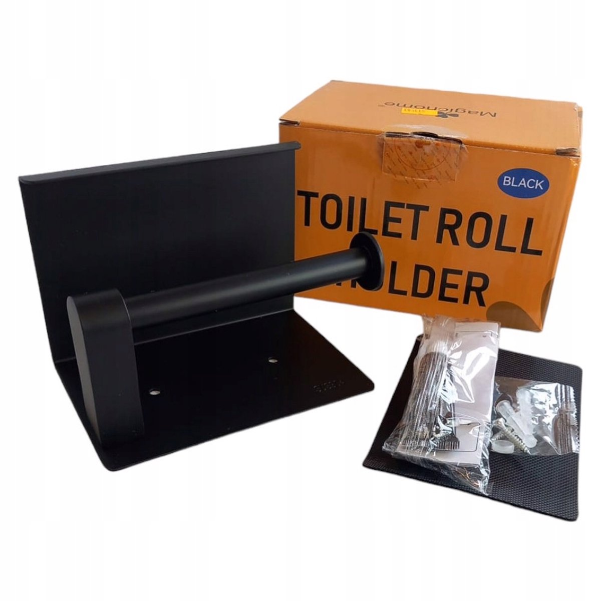 Zwarte toiletrolhouder met plank - roestvrij staal