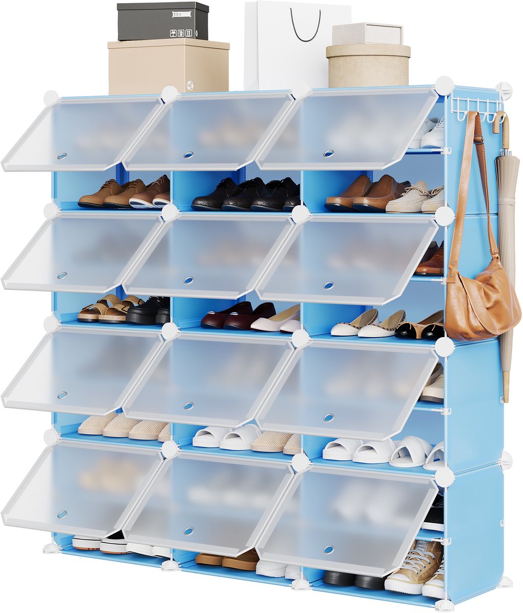 Triumpunpre Schoenenkast 3 Rijen 8 Lagen – Kunststof Schoenenrek met Vakken, Ruimtebesparend & Stevig – voor Hal, Slaapkamer & Woonkamer – 126 x 32 x 127 cm – Blauw