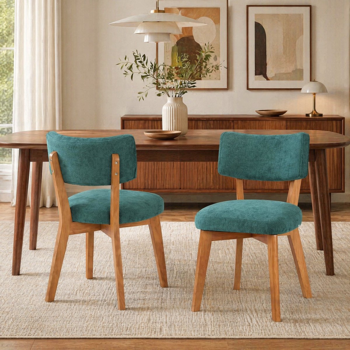 REDOM - Eetkamerstoel set van 2 - Stoffen zitting en rugleuning - Houten poten - Mid-century stijl - Eetkamer, keuken, kantoor - Groen - 77 cm hoog