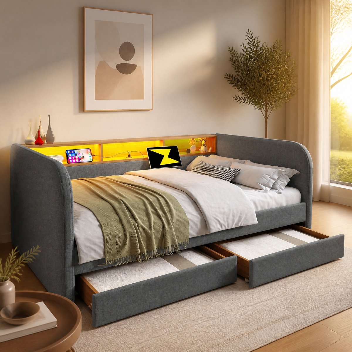 REDOM - Slaapbank - Met LED-verlichting en USB-C laadfunctie - Met twee opberglades en opbergvak in hoofdbord - Linnen - Slaapkamer - Hout, Metaal, MDF, Stof - Grijs - 140 x 190 cm