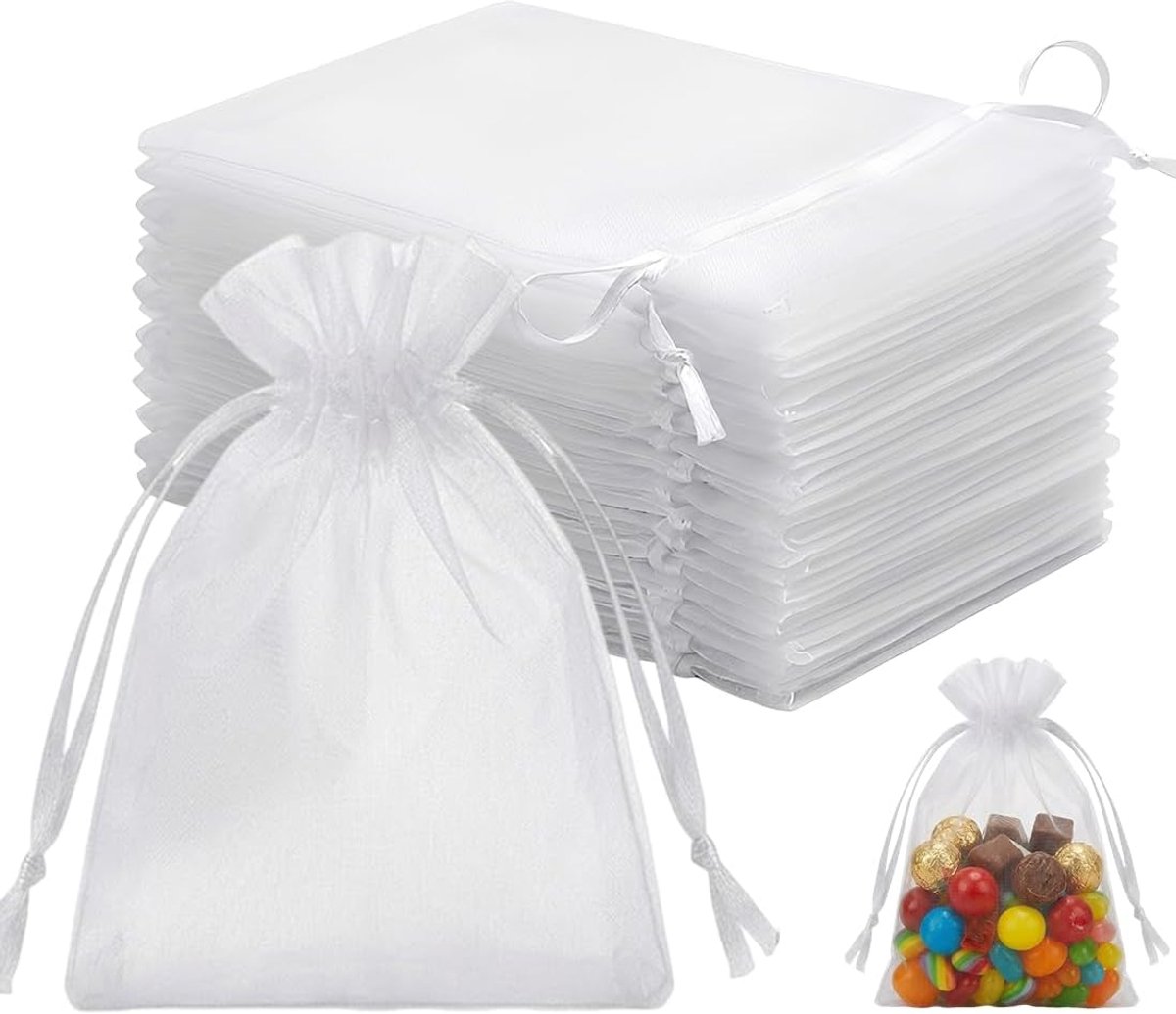 KZQ 50 kleine witte organza-stoffen zakjes met trekkoord - 8 x 10 cm - Voor sieraden, snoep, bruiloften en geschenken - Wit