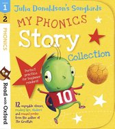 Boek 'My Phonics Story Collection' met een groene rups met nummer 10 op zijn shirt, gele achtergrond, rode sterren en een uil.