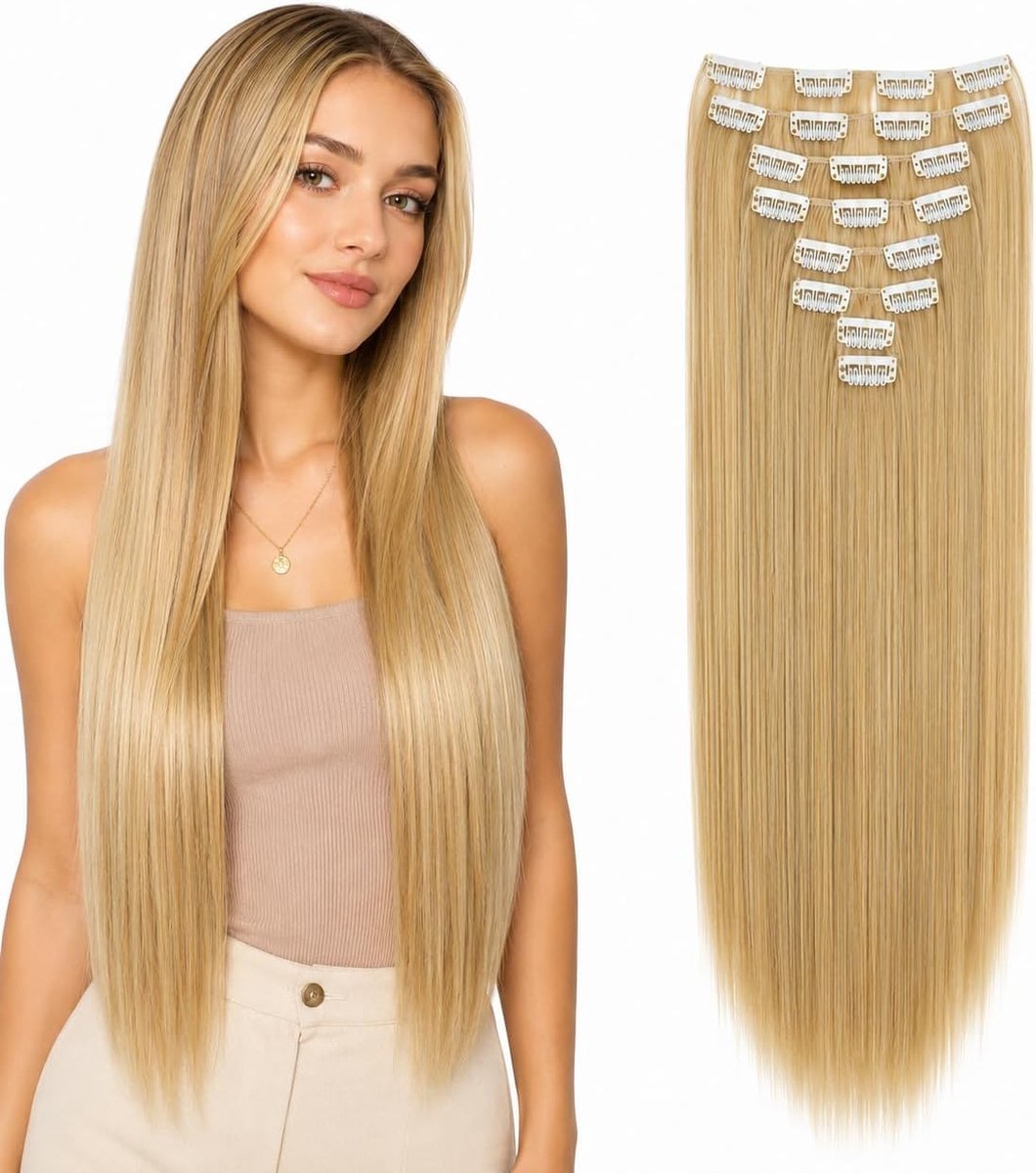 XXL 60cm 8 Delige Set Clip In Extensions Haarextensies Haarstukje Glad Blond Mix CES4
