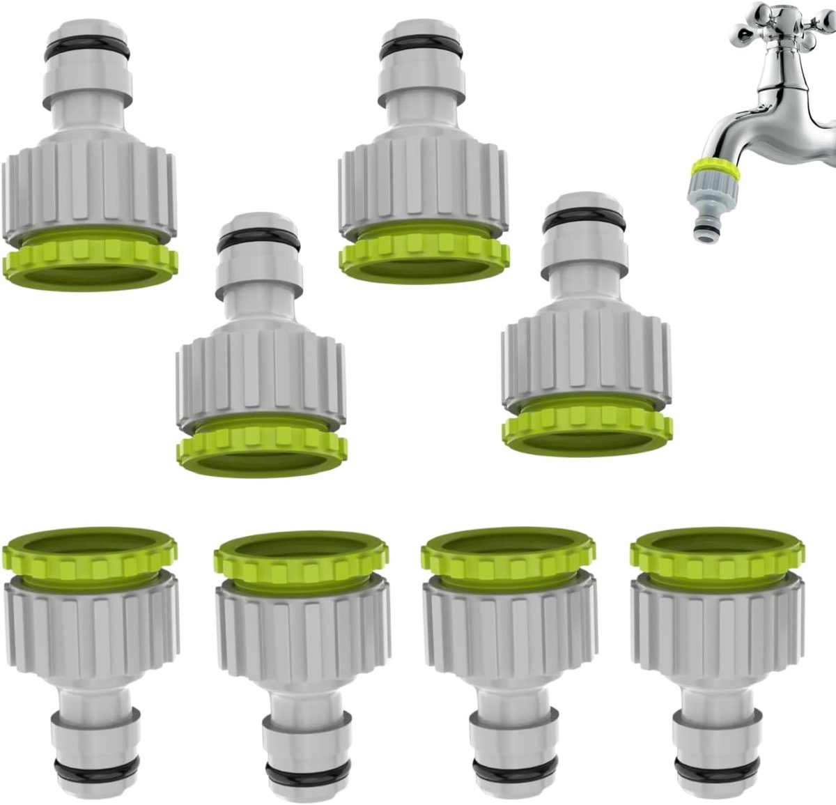 8 stuks tuinslangkraanconnector 1/2" & 3/4" BSP schroefdraadkraanadapter voor buitenkraan, 2-in-1 waterslangconnector, duurzame lekvrije buitenfittingen (grijs)