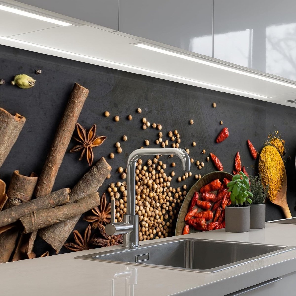 keukenachterwand 80x300 cm zelfklevend keuken decoratie accessories home kitchen spatscherm Kruiden - Eten - Specerijen - Zwart - Paprika - Kaneel