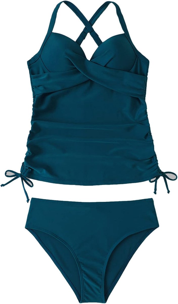 Damesbadpak, 2-delig, V-hals, vintage top bikini met trekkoord, crossover zwempak, push-up, badmode, verstelbare schouderriem, voor vakantie, strand