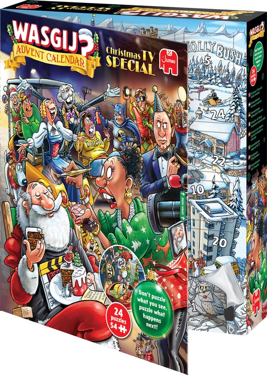 Wasgij Kerstmis TV Special adventskalender met 24 puzzels. Drie zijaanzichten met illustraties van kerst- en filmthema's.