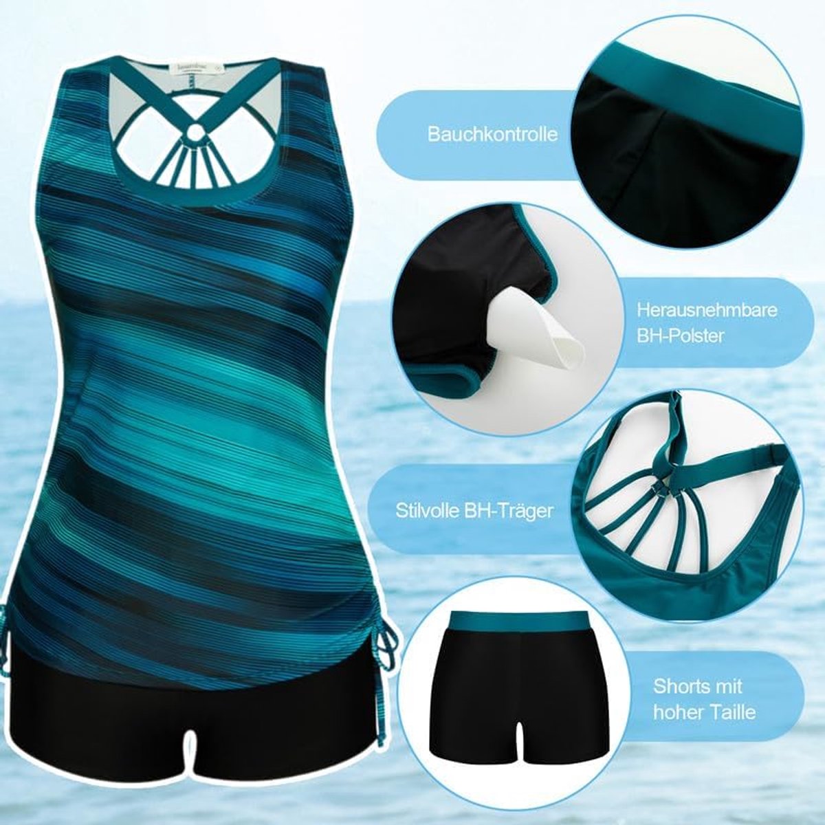 3-delig tankini-badpak voor dames, badmode, tanktop met bikinitop, jongensshort