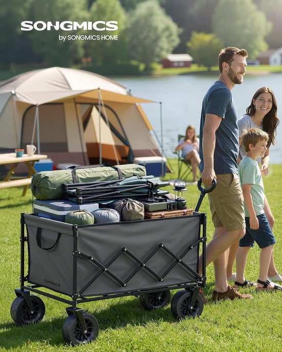 SONGMICS GFW201G101 Kleine opvouwbare tuintrolley, compact met handvat, 4 versterkte wielen, 2 universele wielen, maximaal draagvermogen 180 kg, buiten, tuin, 200 liter, duifgrijs — afbeelding 5