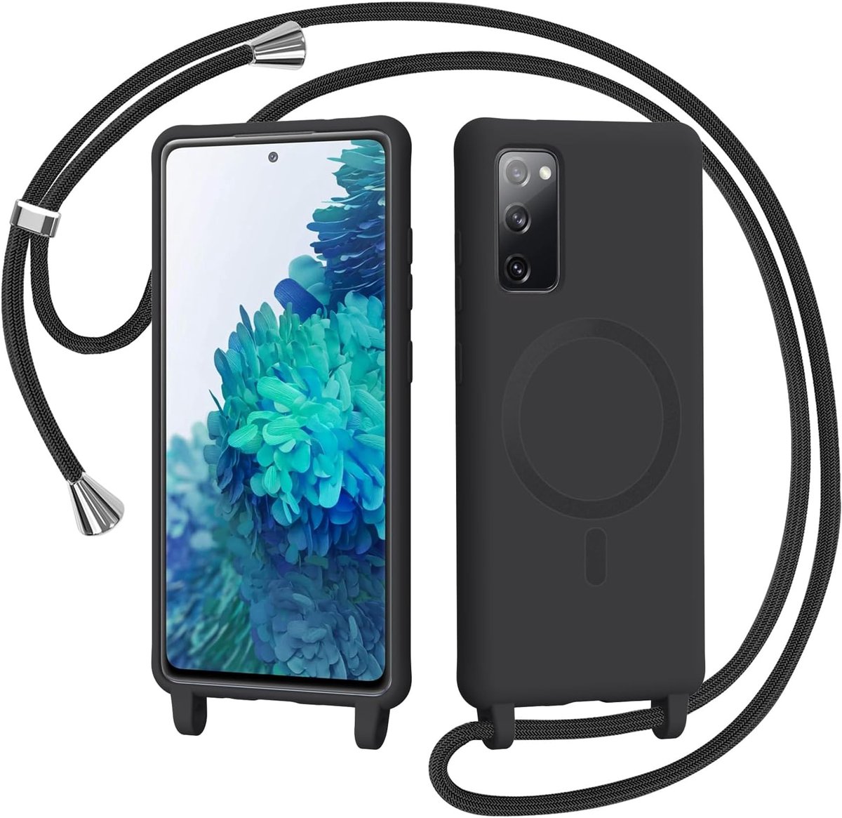 Telefoonband voor Samsung Galaxy S20 FE Hoes met band, magnetische telefoonhoes compatibel met Magsafe om om te hangen, beschermhoes met ketting koord, zacht TPU siliconen hoesje, zwart