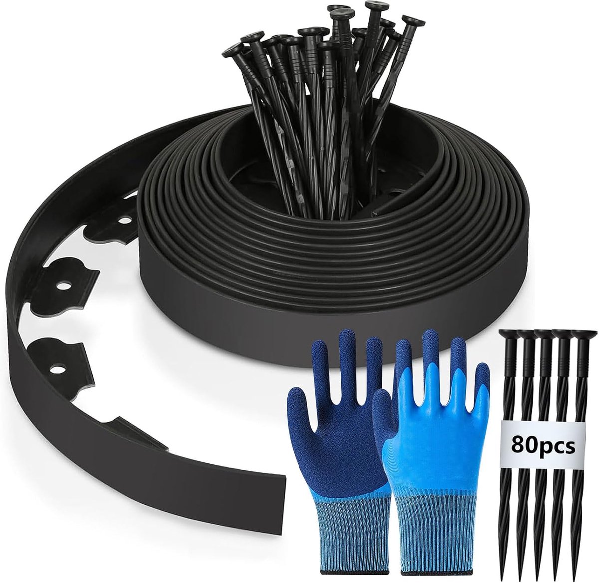gazonrand van kunststof, 20 m (L) x 5 cm (H) gazonranden, bloembedrand, met 80 grondankers + 1 paar handschoenen (zwart)