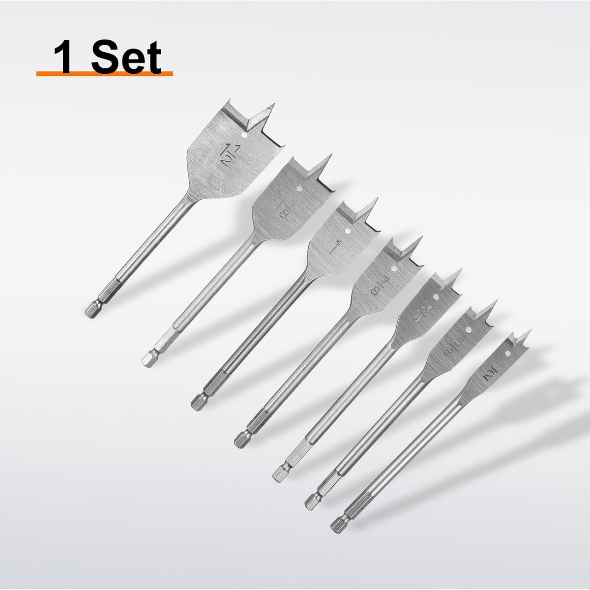 Set van 7 platte peddelboren voor hout met 1/4 inch zeskantschacht voor hout en glasvezel, zilvertint