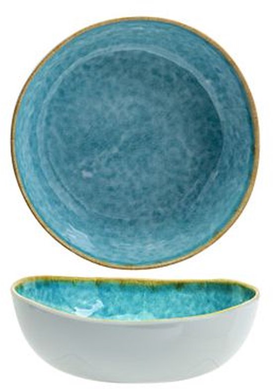Deux bols en mélamine avec un intérieur turquoise marbré et un bord doré. Un bol est vu de dessus, l'autre de côté.