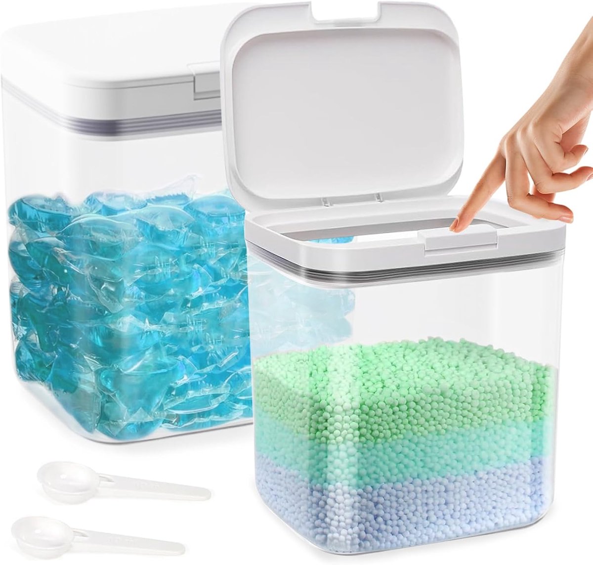 2x Wasmiddeldispenser met Maatbeker, Luchtdichte Waspoederdoseerder, Wasmiddelbox, Voorraaddoos voor Wasmiddel, Wasmiddelopslag, Waspots Opslagcontainer voor Kamerorganisatie (2L)