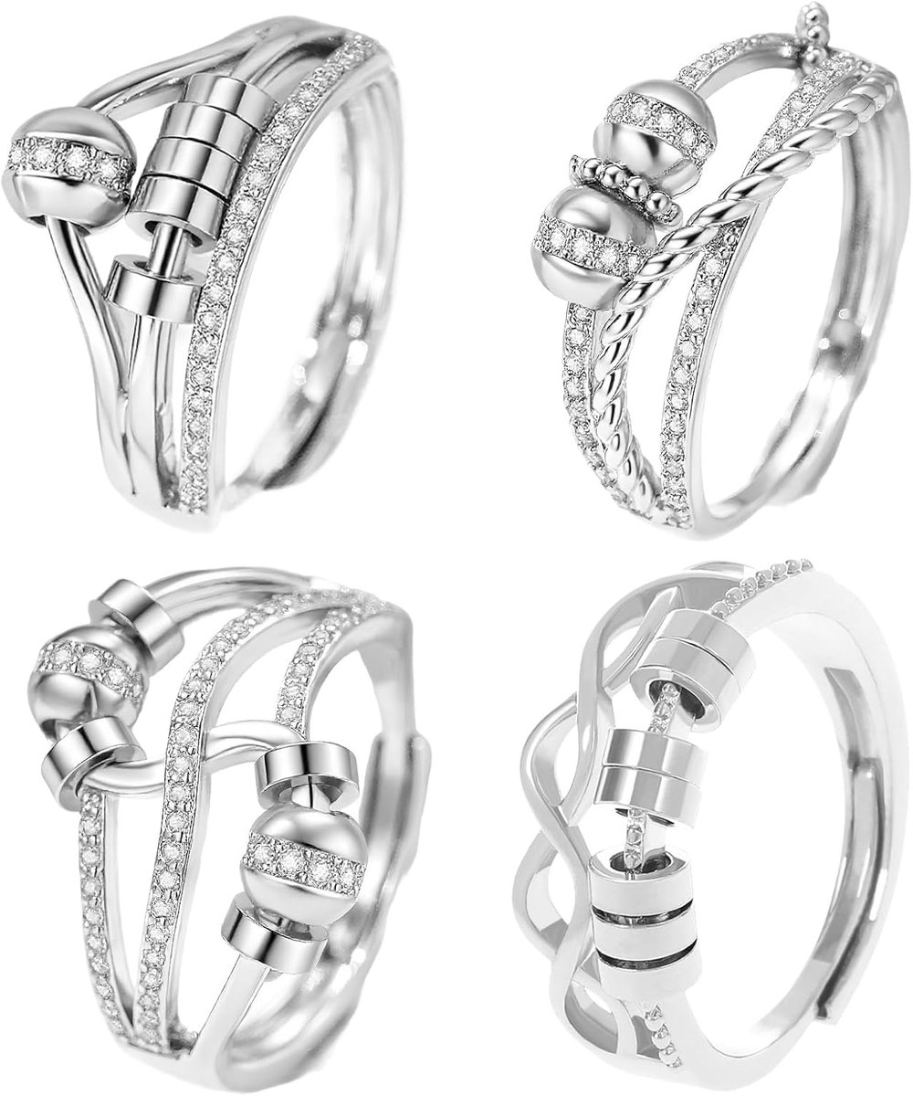 4 stuks anti-stress-ring voor dames, roestvrij staal, angstring, verstelbaar, positiviteitssymbool en kracht, stapelbaar, robuust, slijtvast, met kogellagers, elegant