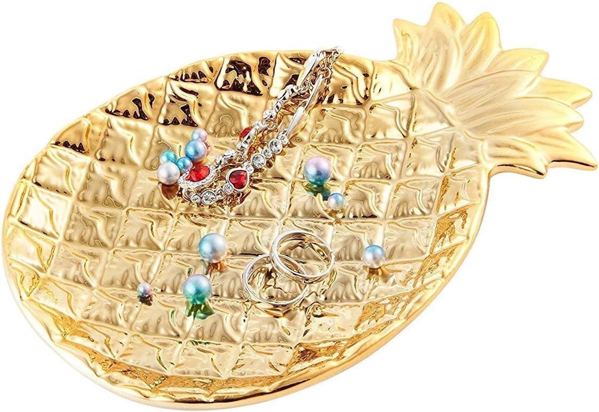 Sieradenhouder schotel - keramische ringhouder voor sieraden - geweldige cadeaus voor vrouwen, meisjes - unieke verjaardags- of BFF-cadeaus voor geliefden - groot formaat gouden ananas