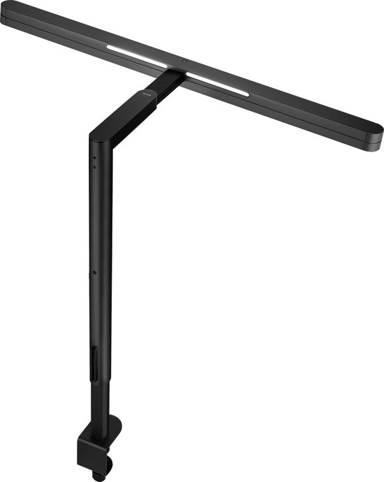 Zwarte bureaulamp met verstelbare arm, klem en twee LED-verlichtingselementen.