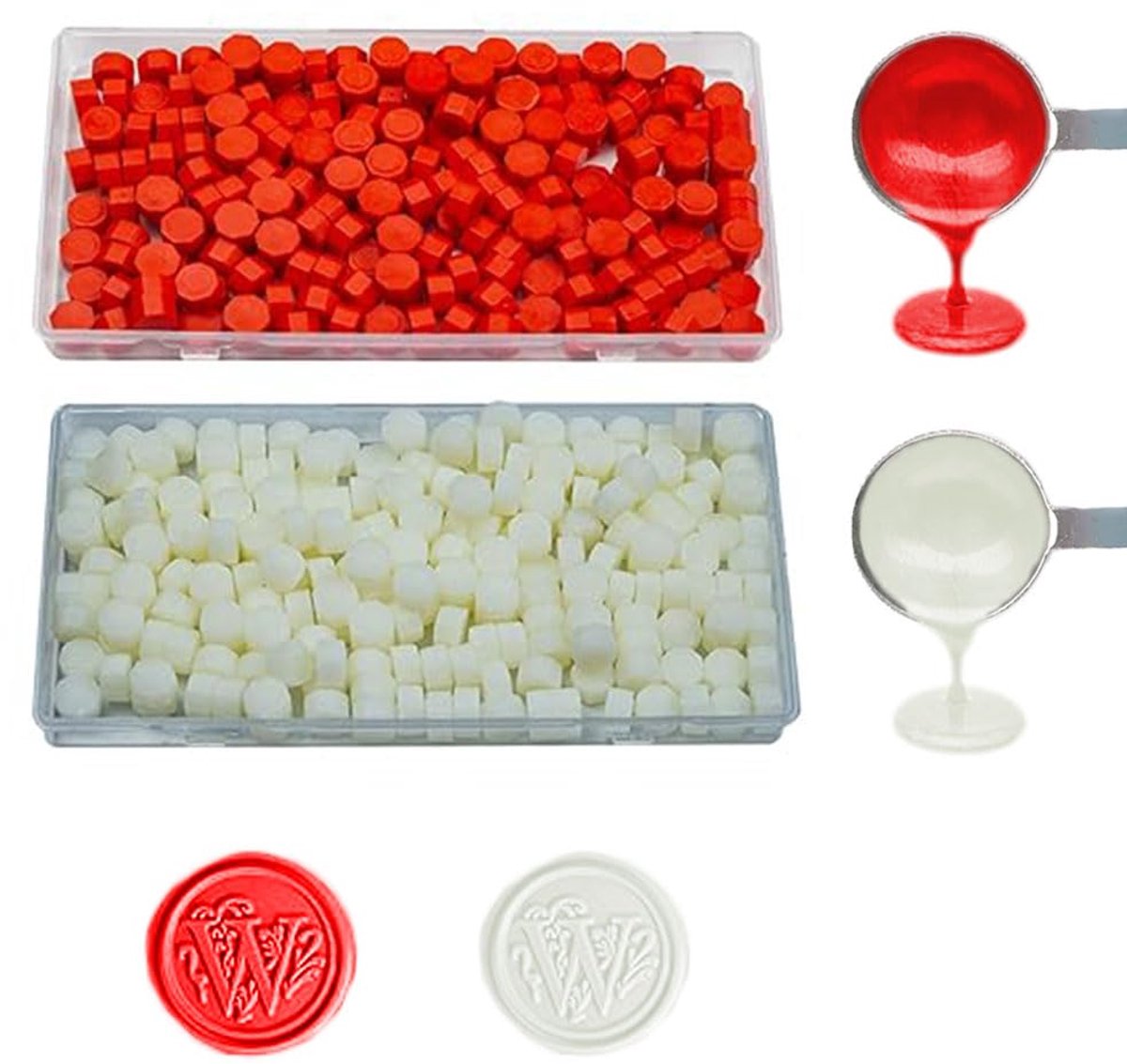 Parels van de wasverbinding,ANBOSE 200 PCS doorzichtige +200 PCS helderrode verzegelende wasparels met no 1PCS lepel en 2 kaarsen, de Uitrusting van de wasverbinding voor uitnodigingen