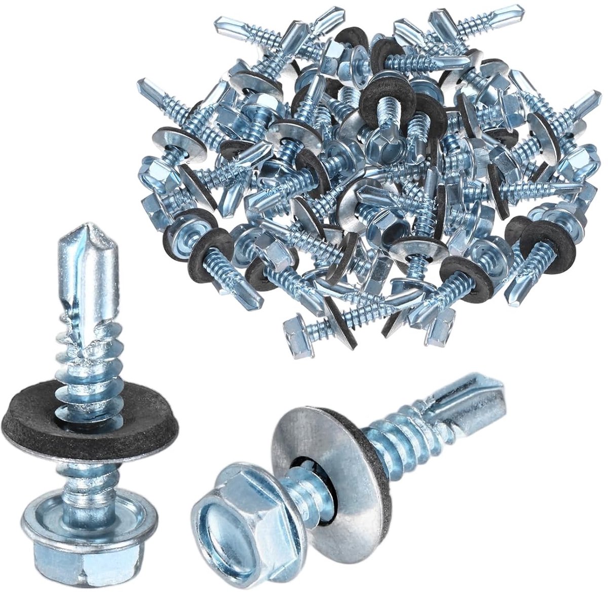 Zelfborende schroeven met rubberen sluitring, M6,3 x 32 mm, verzinkt koolstofstaal, zeskantkop, voor metalen daken, bekleding, staalconstructies