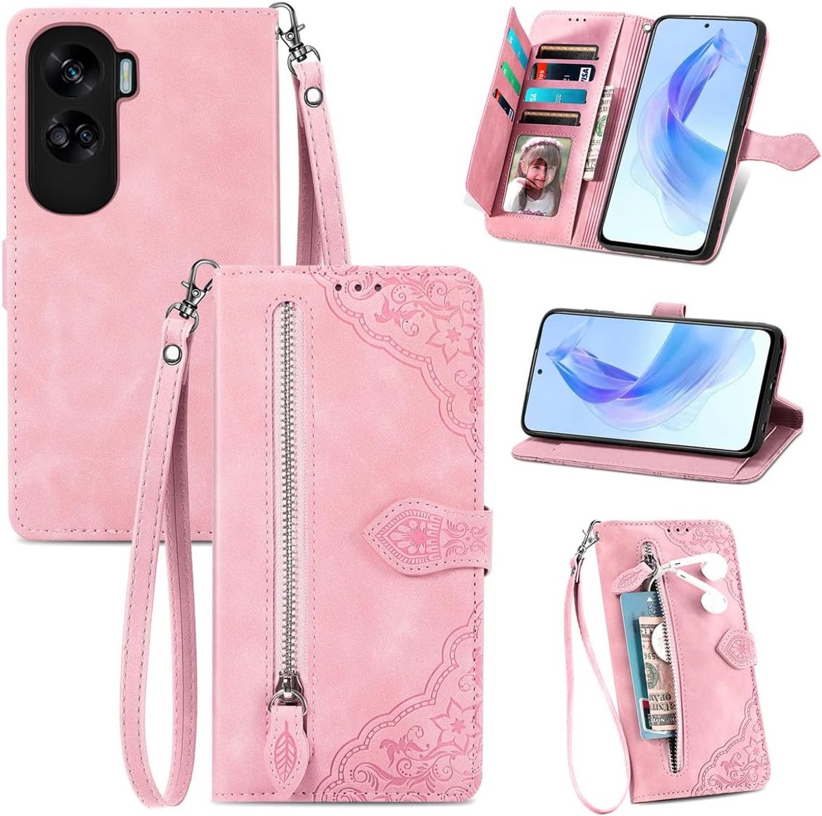 Flip hoesje compatibel met Honor 90 Lite, PU-lederen portemonneehoesje met rits, klaphoesje voor telefoon met TPU schaal, kaarthouder multifunctioneel hoesje. Roze