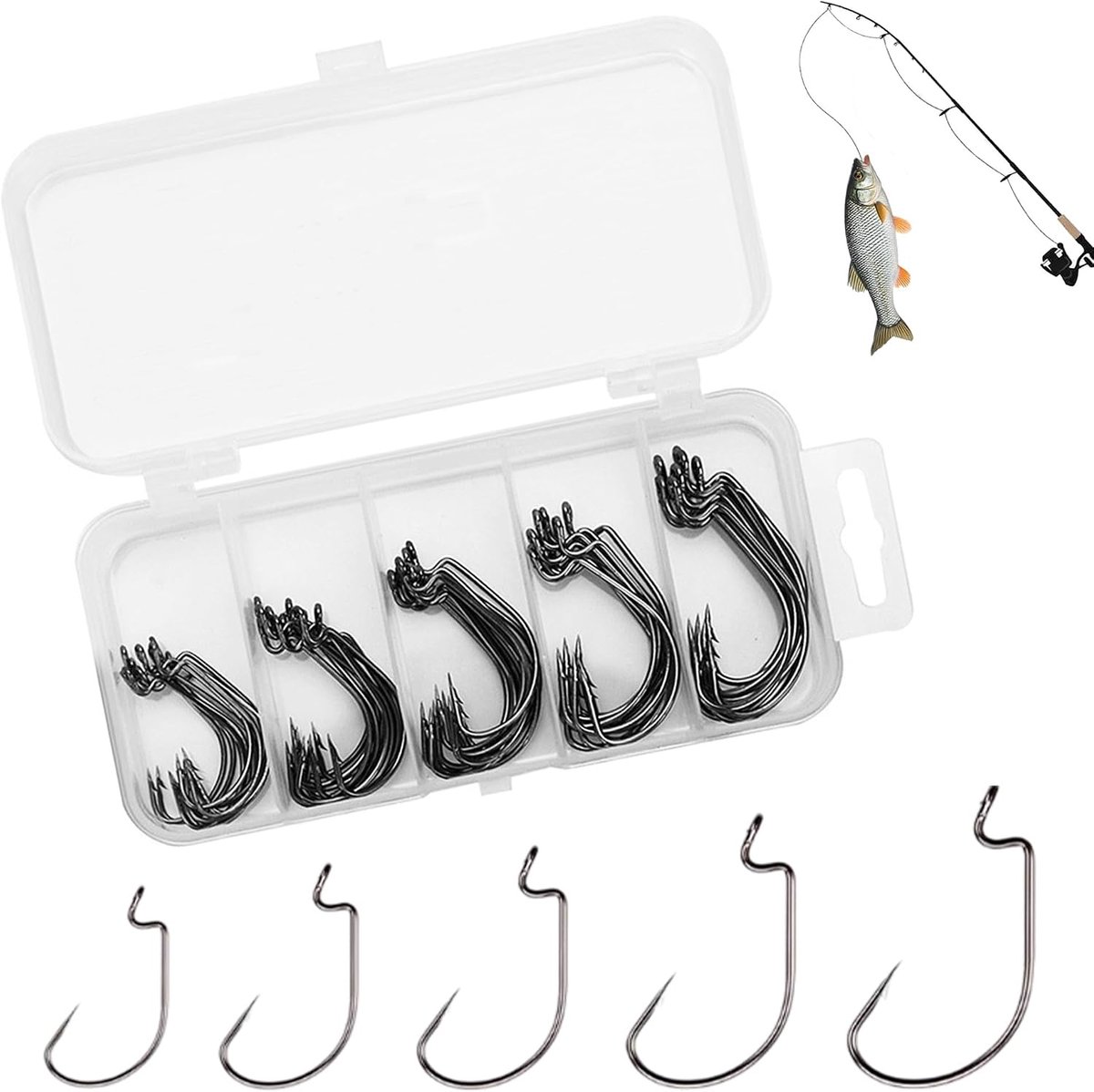 50 Stuks Vishaakjes Assortiment, Karpers Vishaak Lokhaak met Kunststof Doos, Outdoor Vissen Carbon Steel Weerhaakvissen Jig Koolstofstaal Single Claw Jig Barb Vishaken Vissen Tackles, 5 Soorten
