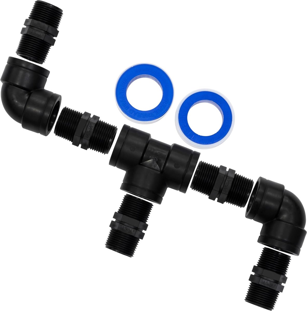 Koppelset met 3-weg 3/4" kunststof / 5 gelijke nippels / 1 T-stuk / 2 bochten van 90° / 2 rollen PTFE-tape van 10 m