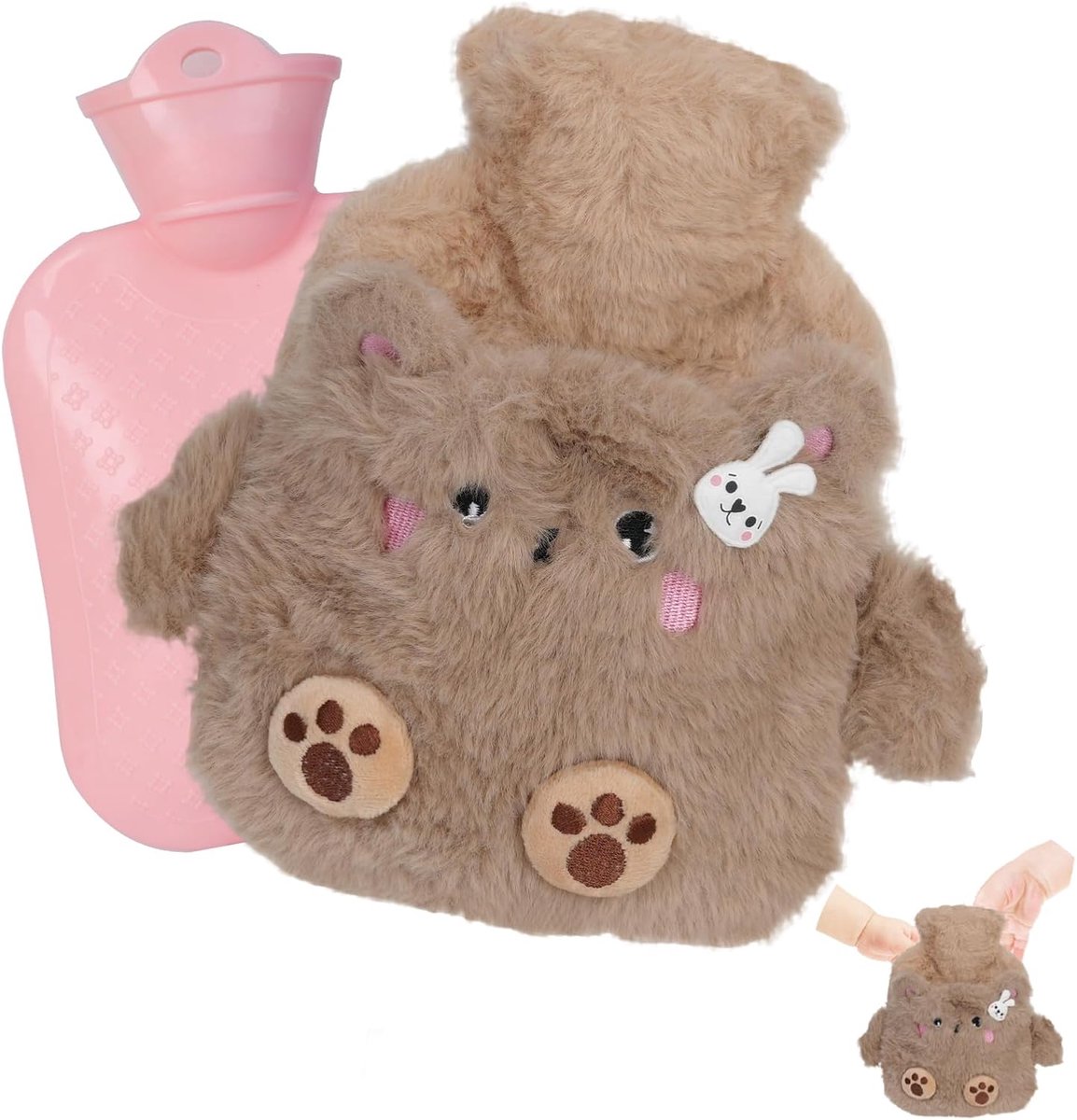 Warmwaterkruik, 400ml Warmwaterzak met Pluche Hoes, Warmwaterkruik Gezellig Pluizig Zachte Pluche Schattig Patroon, Warmwaterzak voor Nek, Schouderpijn en Hand Voeten Warmer (Beer)