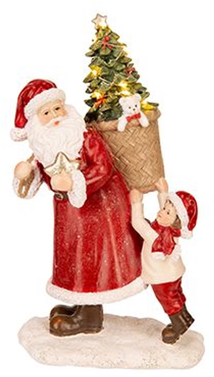 Kerstman With Child Rood 17x13xh27cm Res In Incl.3xlr44 Batt.